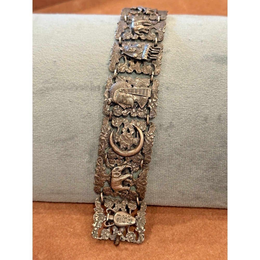 Vtg Egyptian Revival Multi Cultural Story Teller Silver Filigree Panel Bracelet